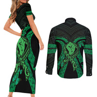 ADHD Awareness Month You Matter Couples Matching Short Sleeve Bodycon Dress and Long Sleeve Button Shirt Green Polynesian Ribbon