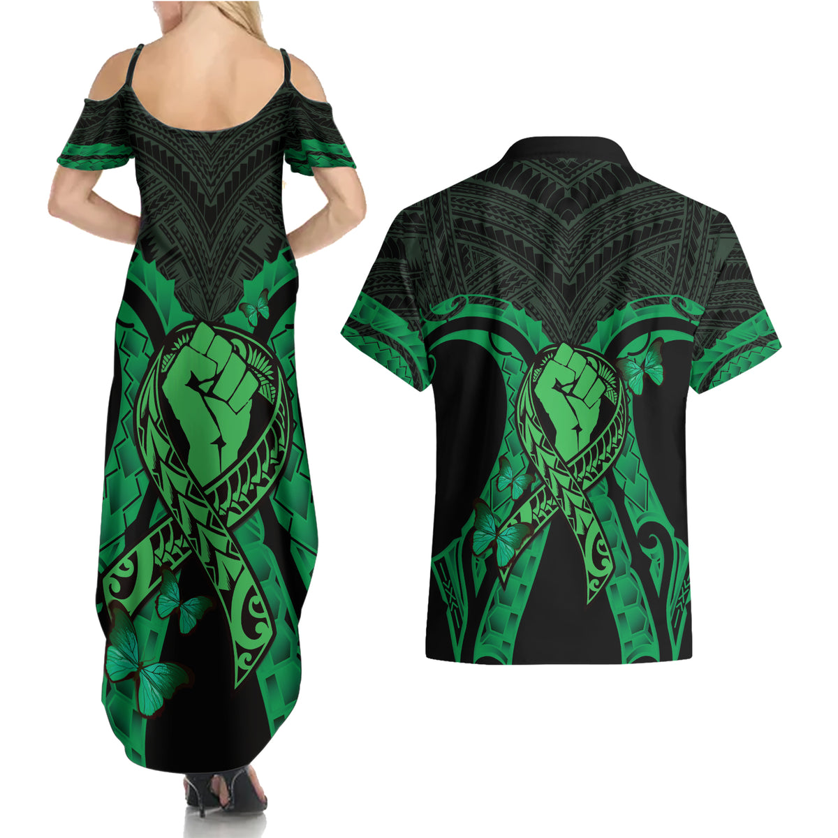 ADHD Awareness Month You Matter Couples Matching Summer Maxi Dress and Hawaiian Shirt Green Polynesian Ribbon