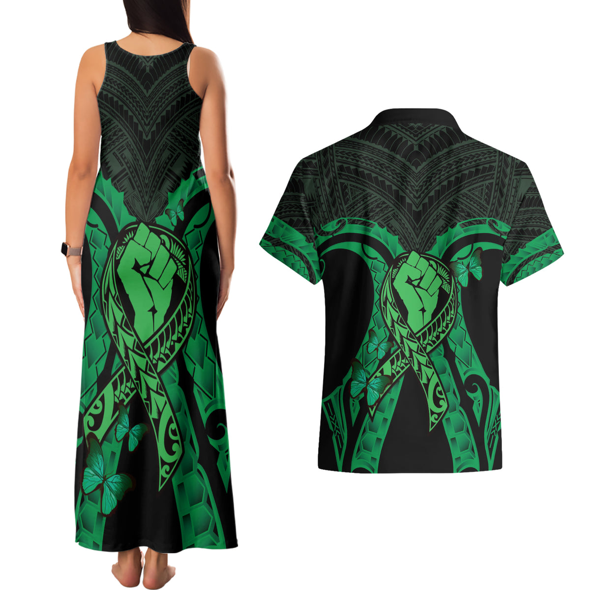 ADHD Awareness Month You Matter Couples Matching Tank Maxi Dress and Hawaiian Shirt Green Polynesian Ribbon