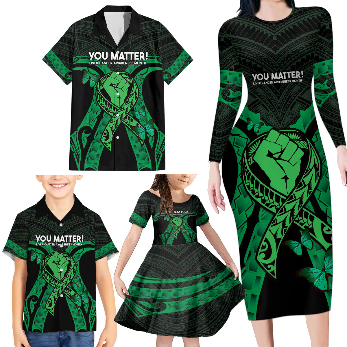 ADHD Awareness Month You Matter Family Matching Long Sleeve Bodycon Dress and Hawaiian Shirt Green Polynesian Ribbon