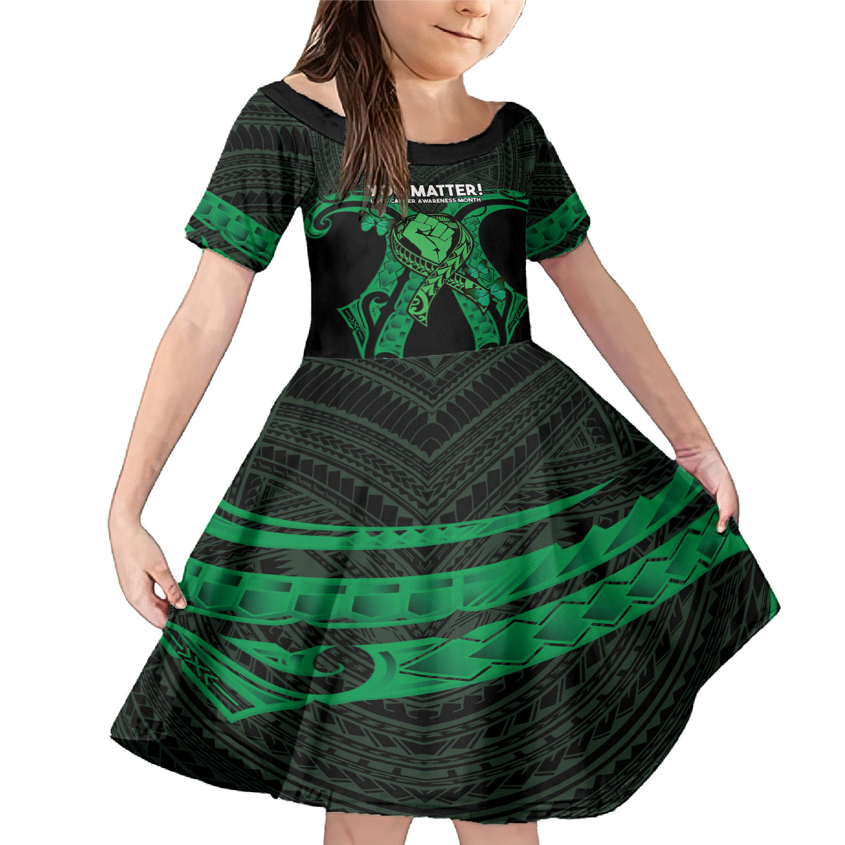 ADHD Awareness Month You Matter Family Matching Mermaid Dress and Hawaiian Shirt Green Polynesian Ribbon