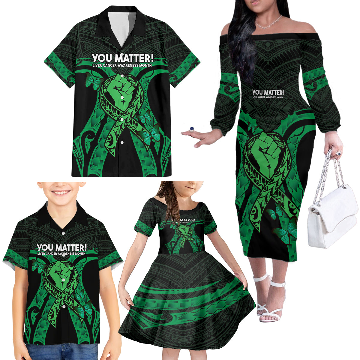 ADHD Awareness Month You Matter Family Matching Off The Shoulder Long Sleeve Dress and Hawaiian Shirt Green Polynesian Ribbon