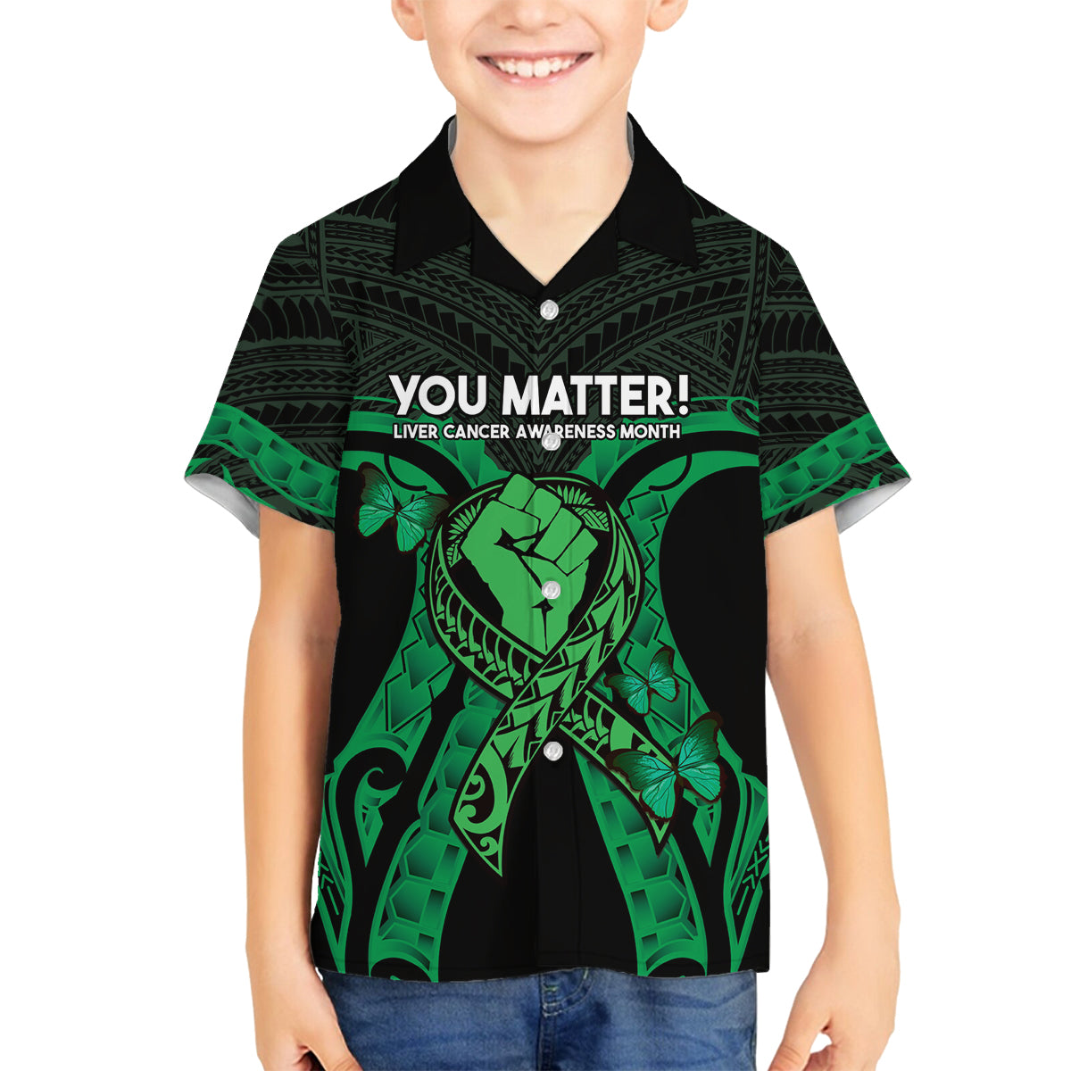 ADHD Awareness Month You Matter Family Matching Off Shoulder Short Dress and Hawaiian Shirt Green Polynesian Ribbon