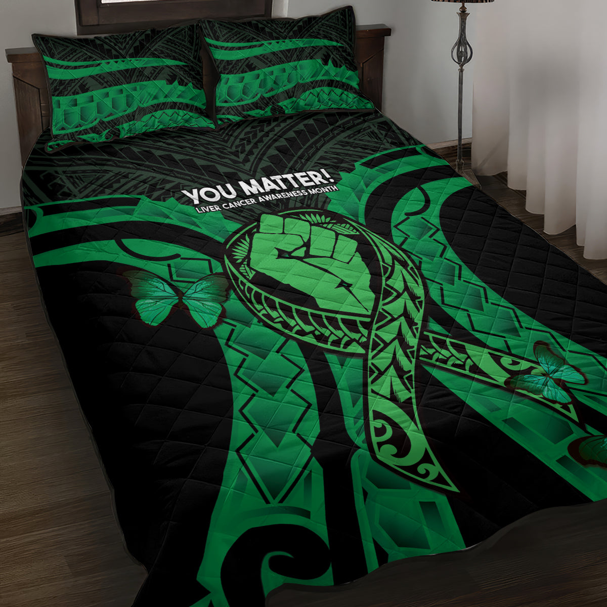 ADHD Awareness Month You Matter Quilt Bed Set Green Polynesian Ribbon