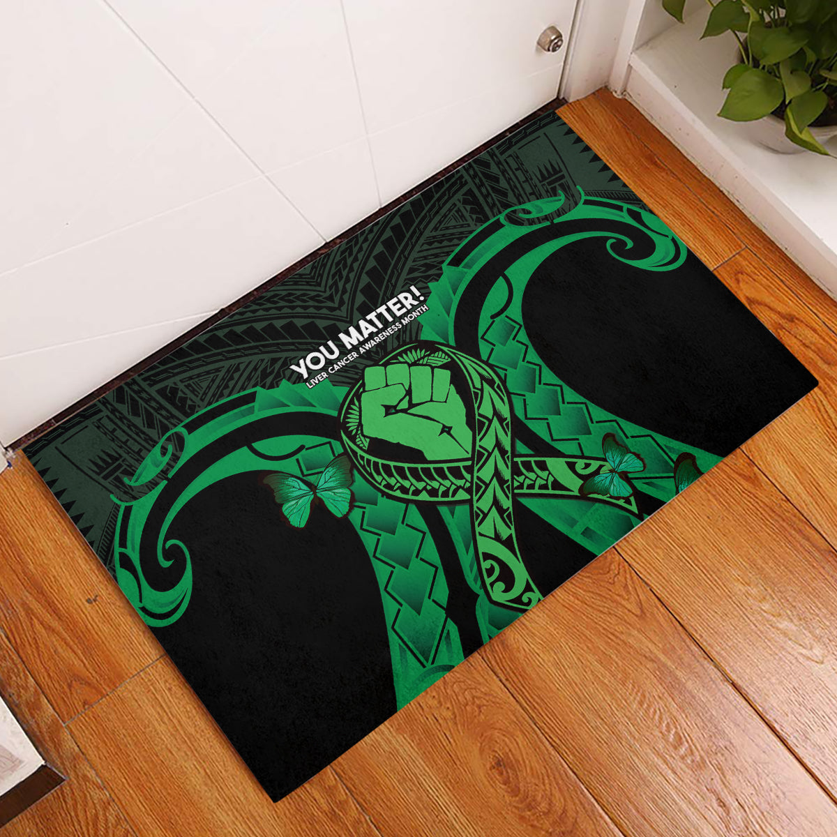 ADHD Awareness Month You Matter Rubber Doormat Green Polynesian Ribbon