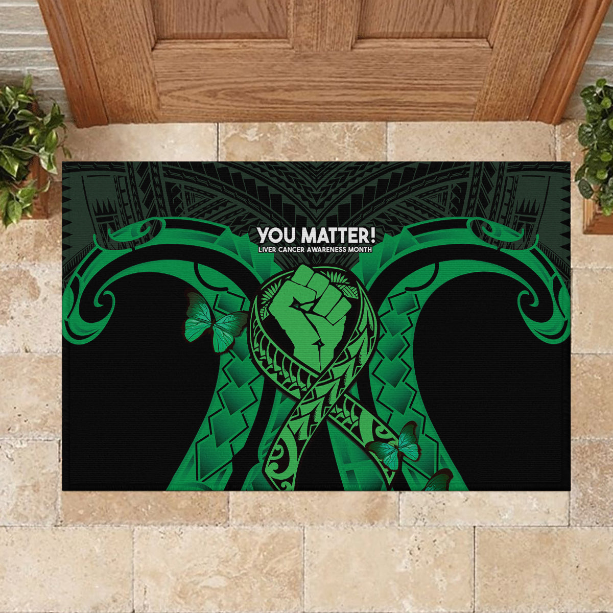 ADHD Awareness Month You Matter Rubber Doormat Green Polynesian Ribbon