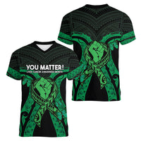 ADHD Awareness Month You Matter Women V-Neck T-Shirt Green Polynesian Ribbon