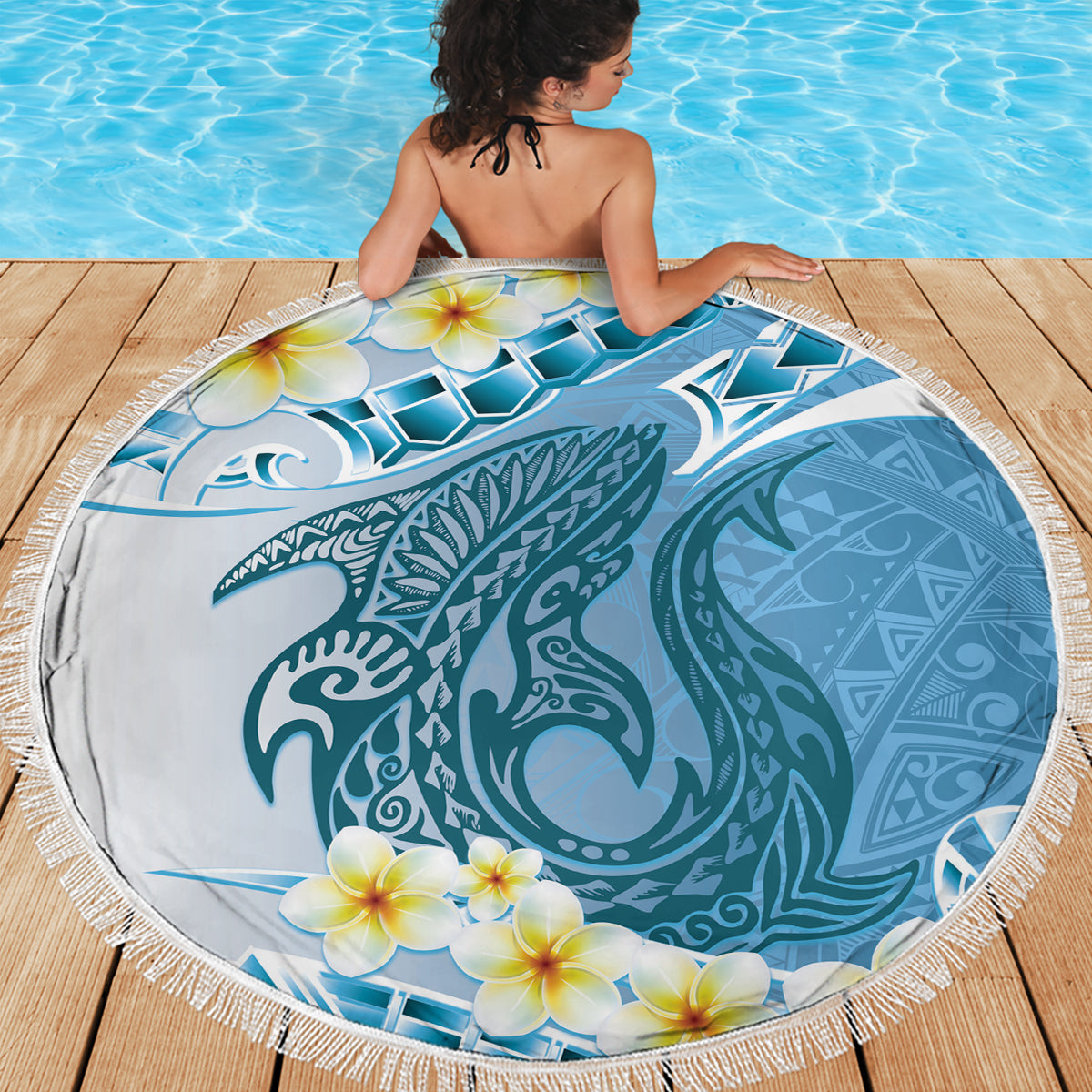 Blue Hawaii Shark Tattoo Beach Blanket Frangipani With Polynesian Pastel Version LT14 - Polynesian Pride