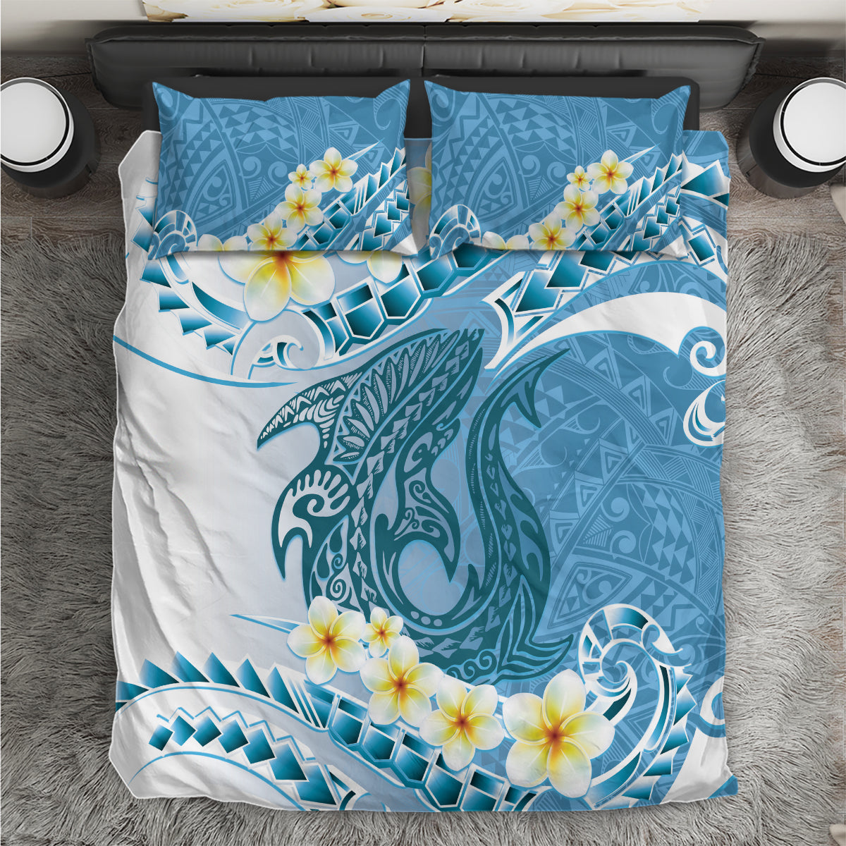 Blue Hawaii Shark Tattoo Bedding Set Frangipani With Polynesian Pastel Version LT14 Blue - Polynesian Pride