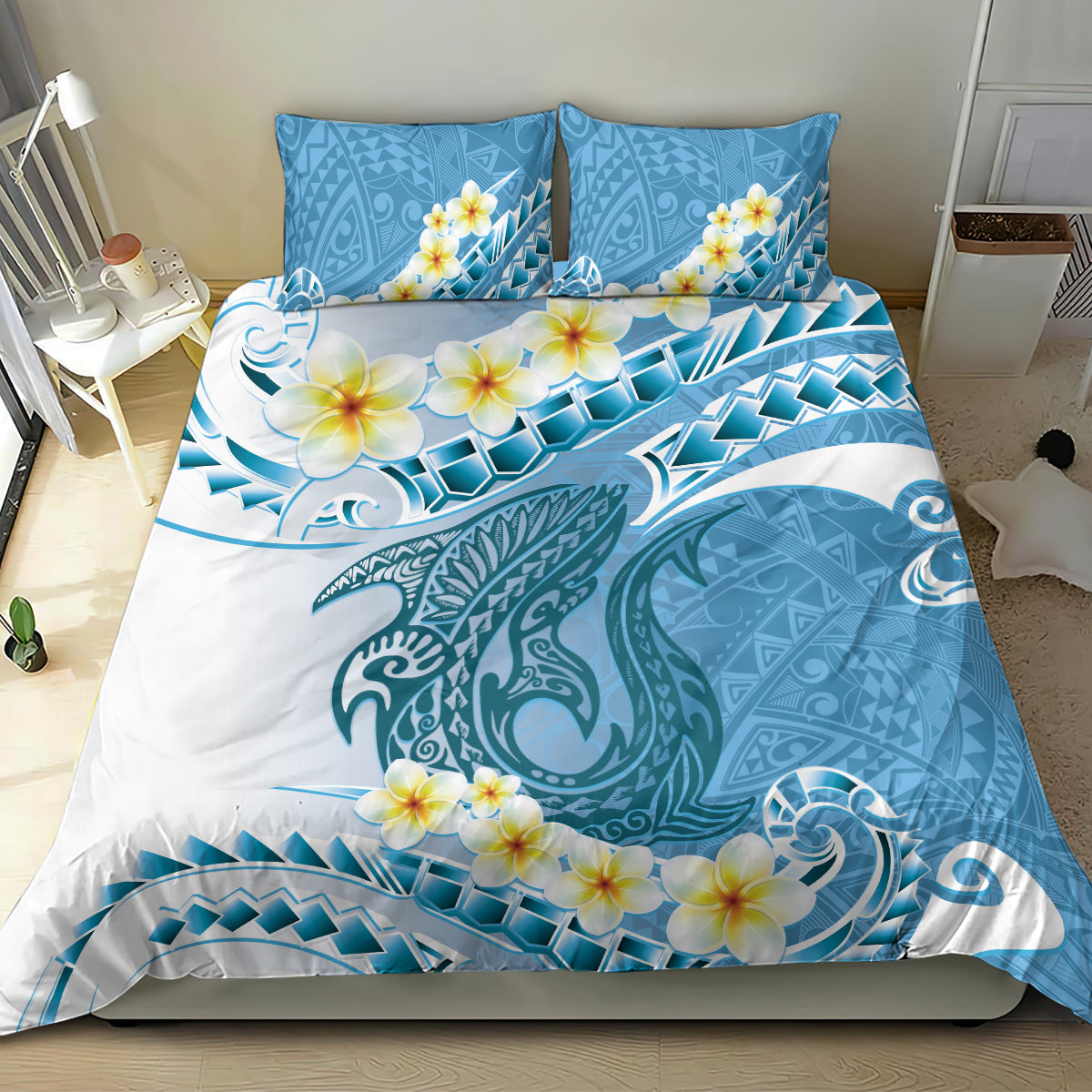 Blue Hawaii Shark Tattoo Bedding Set Frangipani With Polynesian Pastel Version LT14 - Polynesian Pride