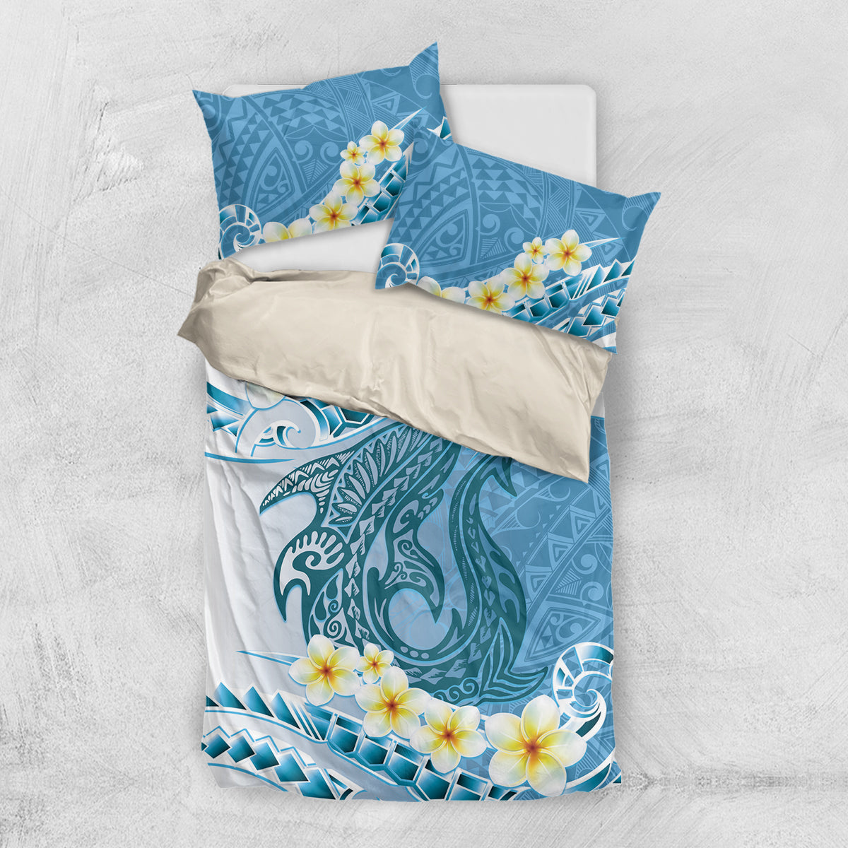 Blue Hawaii Shark Tattoo Bedding Set Frangipani With Polynesian Pastel Version LT14 US Twin 172cm x 218cm Blue - Polynesian Pride