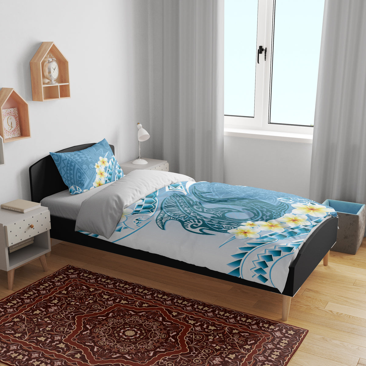 Blue Hawaii Shark Tattoo Bedding Set Frangipani With Polynesian Pastel Version LT14 - Polynesian Pride