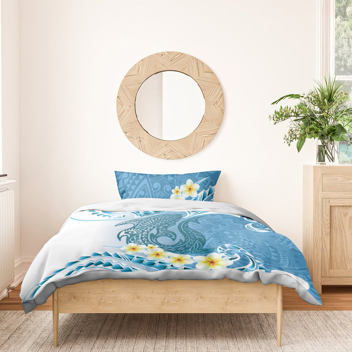 Blue Hawaii Shark Tattoo Bedding Set Frangipani With Polynesian Pastel Version LT14 - Polynesian Pride