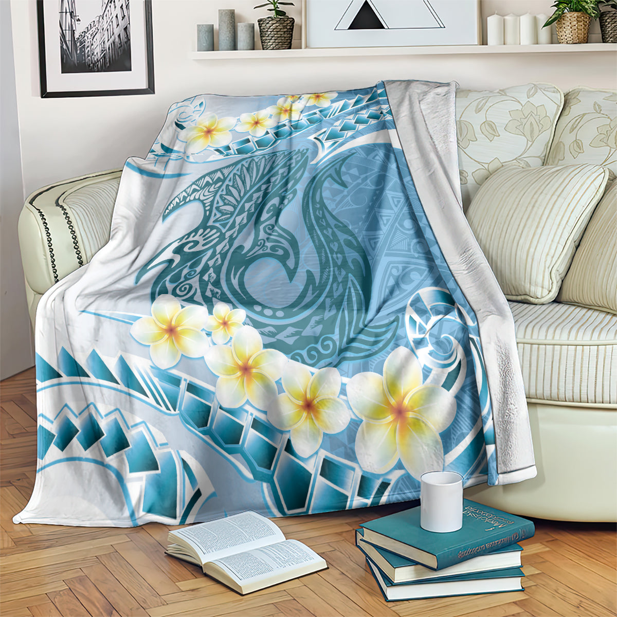 Blue Hawaii Shark Tattoo Blanket Frangipani With Polynesian Pastel Version LT14 Blue - Polynesian Pride