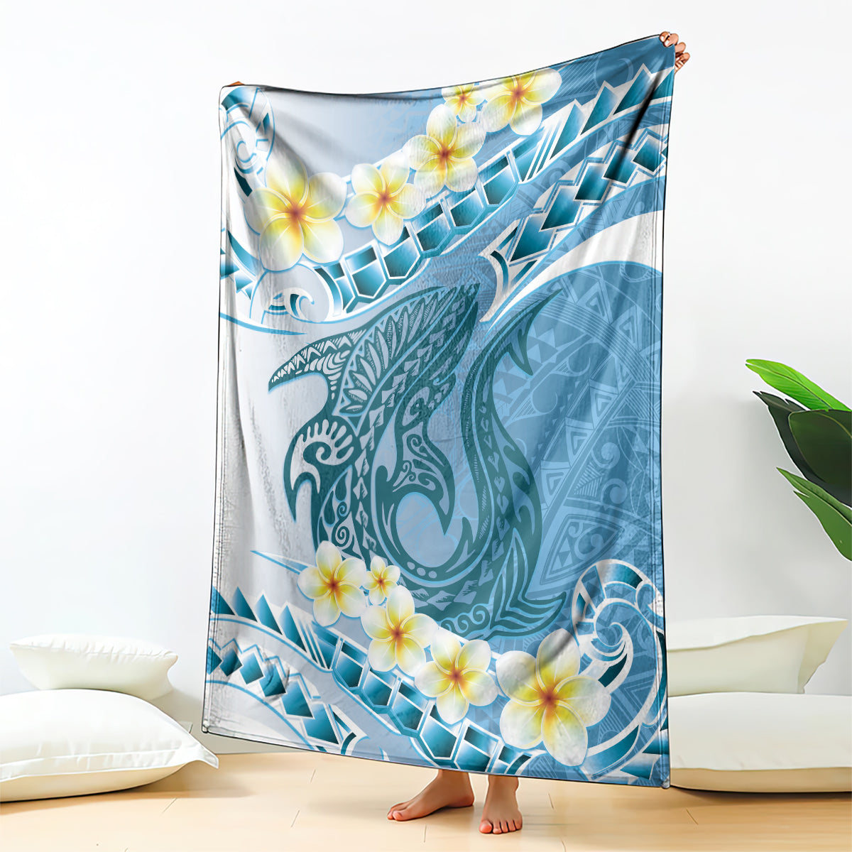 Blue Hawaii Shark Tattoo Blanket Frangipani With Polynesian Pastel Version LT14 - Polynesian Pride