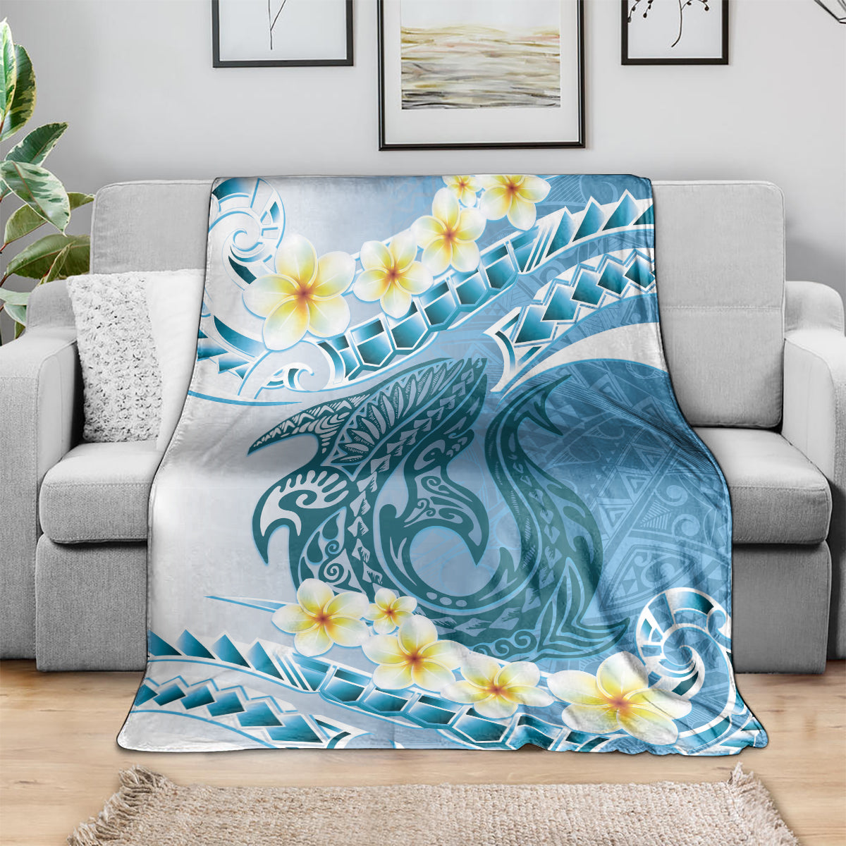 Blue Hawaii Shark Tattoo Blanket Frangipani With Polynesian Pastel Version LT14 - Polynesian Pride