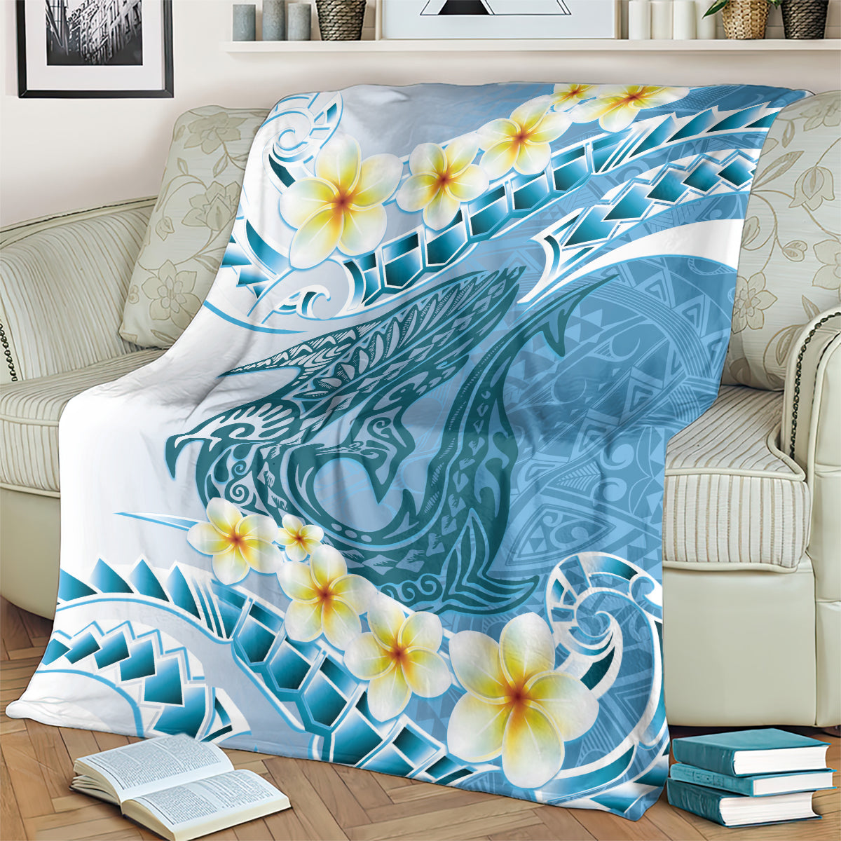 Blue Hawaii Shark Tattoo Blanket Frangipani With Polynesian Pastel Version LT14 - Polynesian Pride
