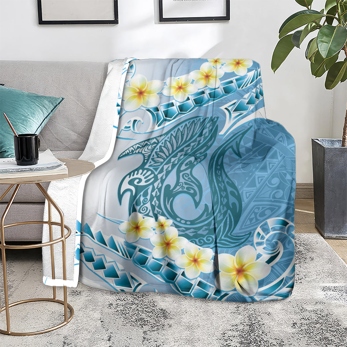 Blue Hawaii Shark Tattoo Blanket Frangipani With Polynesian Pastel Version LT14 - Polynesian Pride