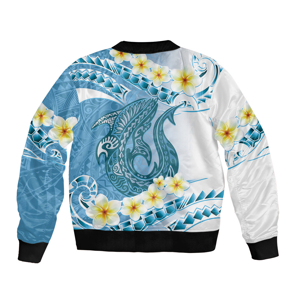 Blue Hawaii Shark Tattoo Bomber Jacket Frangipani With Polynesian Pastel Version LT14 - Polynesian Pride