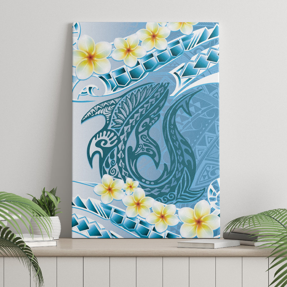 Blue Hawaii Shark Tattoo Canvas Wall Art Frangipani With Polynesian Pastel Version LT14 - Polynesian Pride