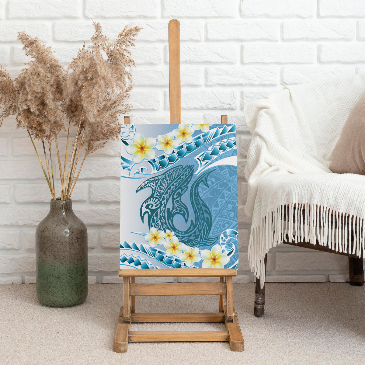 Blue Hawaii Shark Tattoo Canvas Wall Art Frangipani With Polynesian Pastel Version LT14 - Polynesian Pride