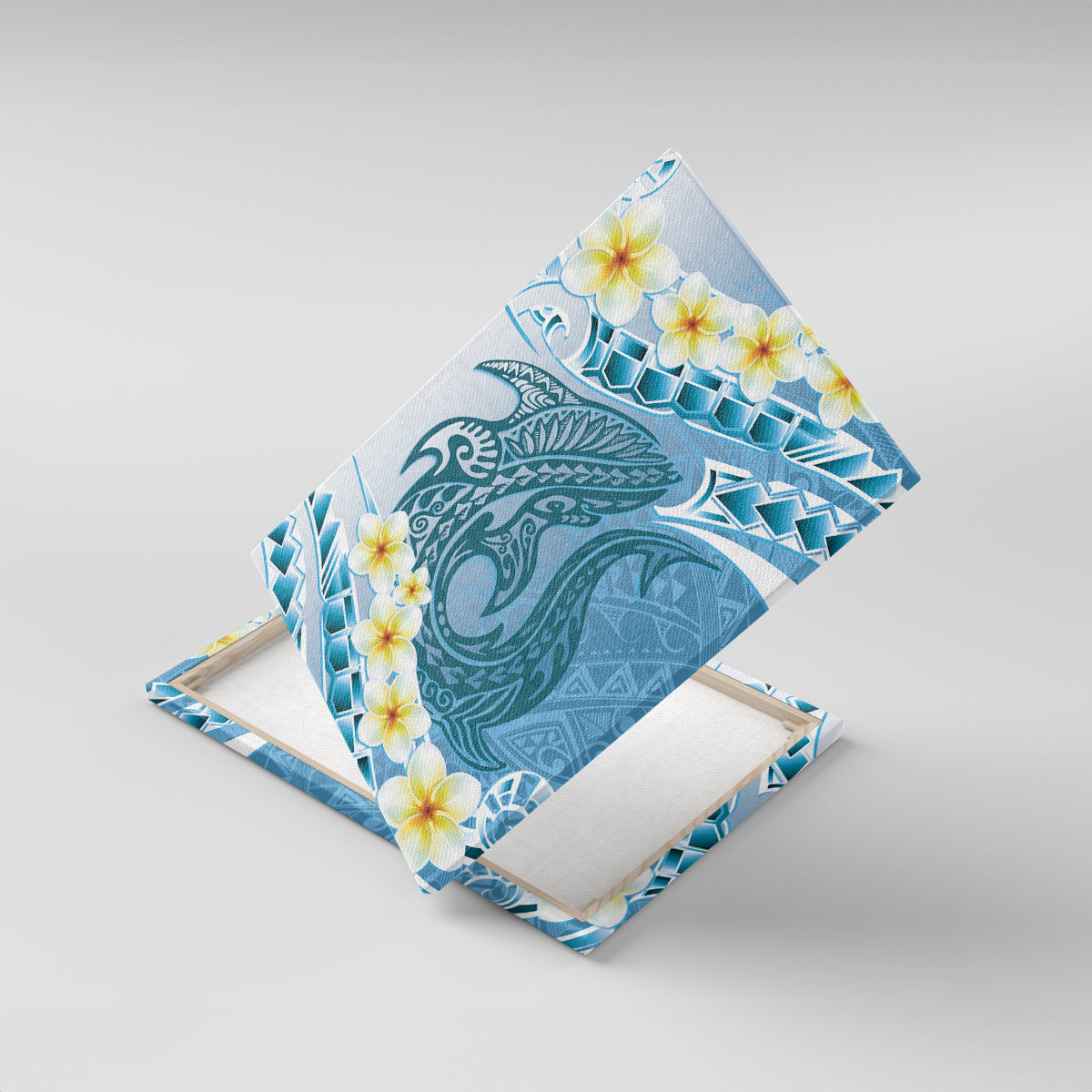 Blue Hawaii Shark Tattoo Canvas Wall Art Frangipani With Polynesian Pastel Version LT14 With Frame Blue - Polynesian Pride