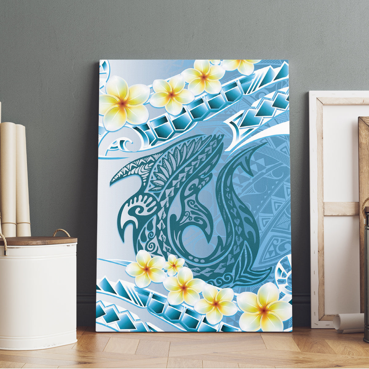 Blue Hawaii Shark Tattoo Canvas Wall Art Frangipani With Polynesian Pastel Version LT14 - Polynesian Pride