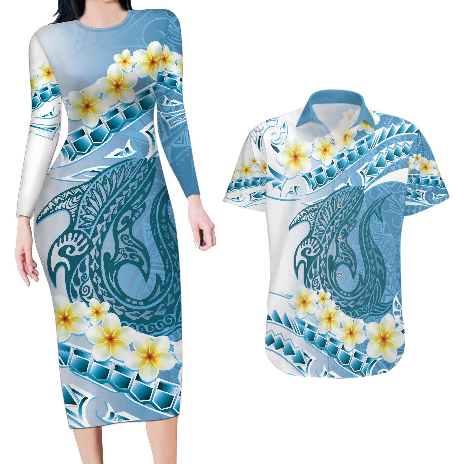 Blue Hawaii Shark Tattoo Couples Matching Long Sleeve Bodycon Dress and Hawaiian Shirt Frangipani With Polynesian Pastel Version