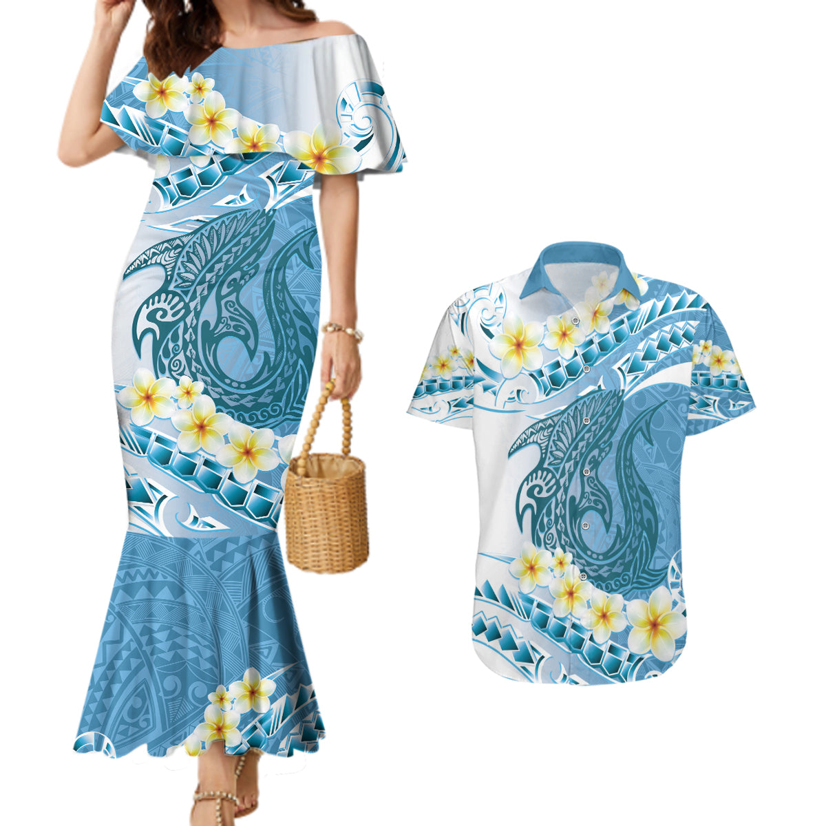 Blue Hawaii Shark Tattoo Couples Matching Mermaid Dress and Hawaiian Shirt Frangipani With Polynesian Pastel Version