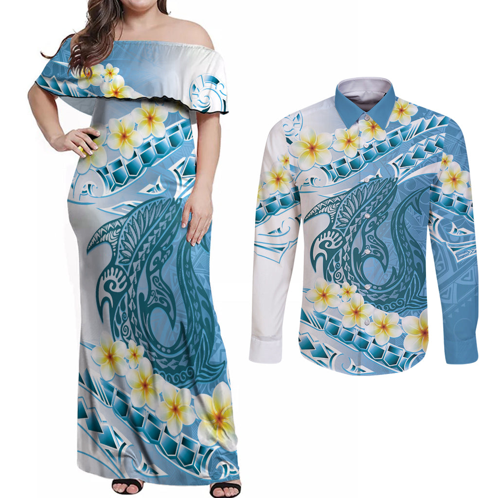 Blue Hawaii Shark Tattoo Couples Matching Off Shoulder Maxi Dress and Long Sleeve Button Shirt Frangipani With Polynesian Pastel Version LT14 Blue - Polynesian Pride