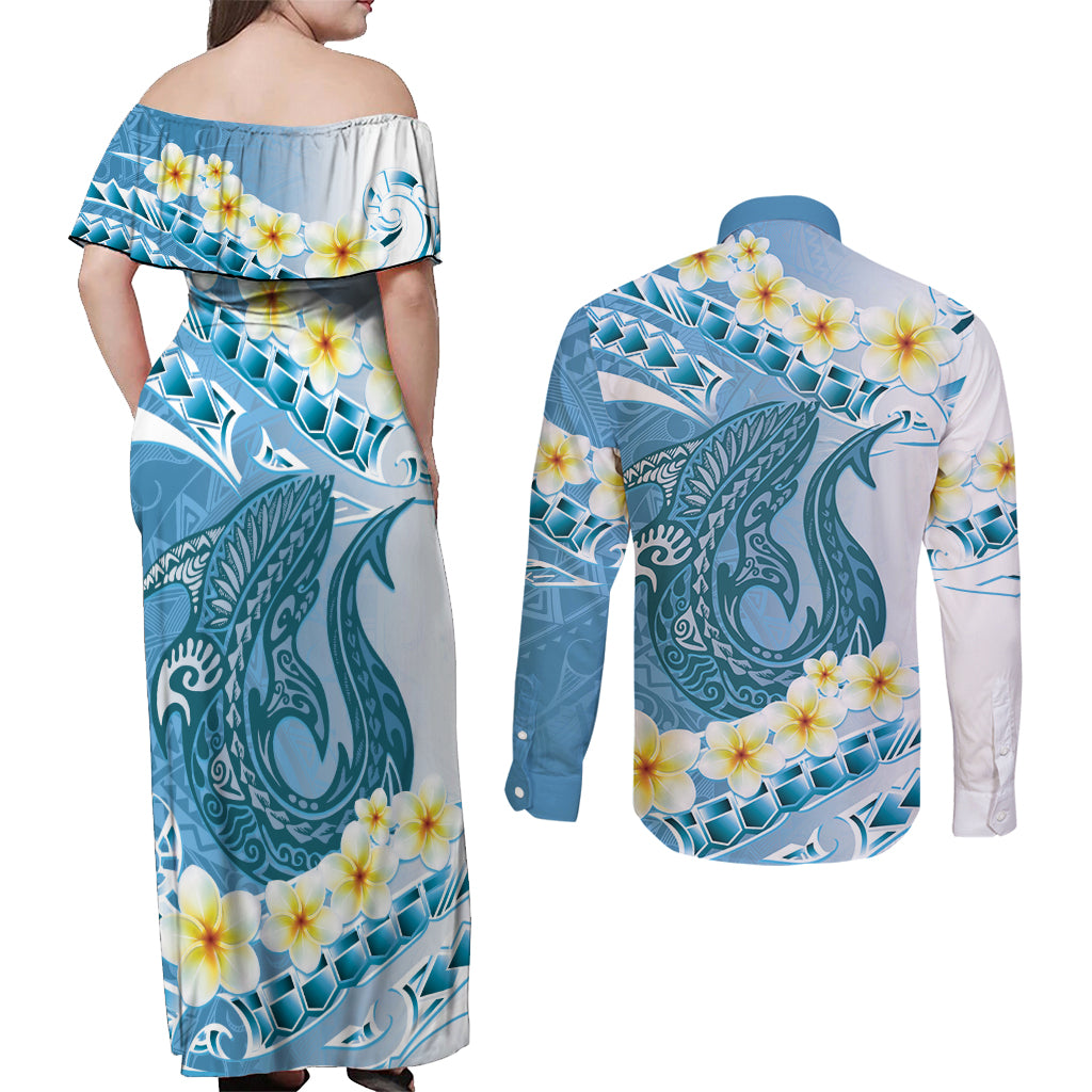 Blue Hawaii Shark Tattoo Couples Matching Off Shoulder Maxi Dress and Long Sleeve Button Shirt Frangipani With Polynesian Pastel Version LT14 - Polynesian Pride