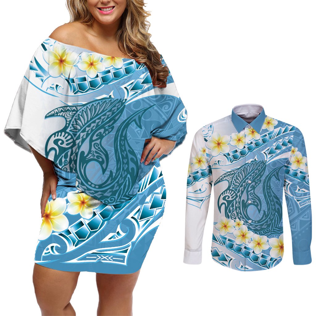 Blue Hawaii Shark Tattoo Couples Matching Off Shoulder Short Dress and Long Sleeve Button Shirt Frangipani With Polynesian Pastel Version LT14 Blue - Polynesian Pride