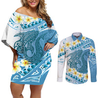 Blue Hawaii Shark Tattoo Couples Matching Off Shoulder Short Dress and Long Sleeve Button Shirt Frangipani With Polynesian Pastel Version LT14 Blue - Polynesian Pride