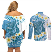 Blue Hawaii Shark Tattoo Couples Matching Off Shoulder Short Dress and Long Sleeve Button Shirt Frangipani With Polynesian Pastel Version LT14 - Polynesian Pride