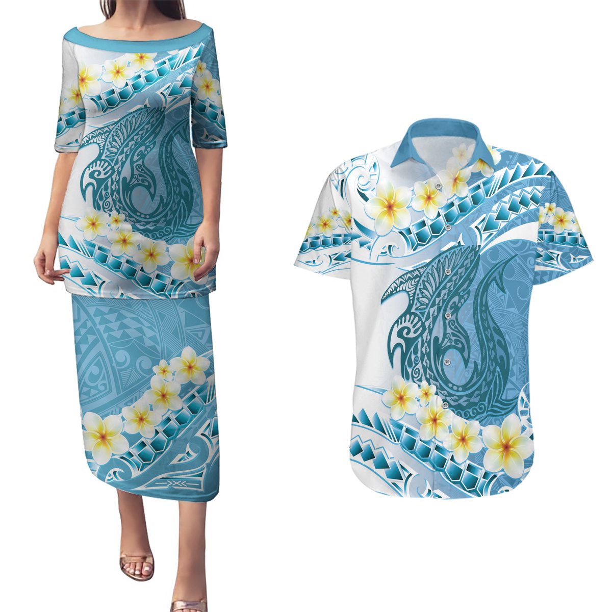 Blue Hawaii Shark Tattoo Couples Matching Puletasi and Hawaiian Shirt Frangipani With Polynesian Pastel Version LT14 Blue - Polynesian Pride