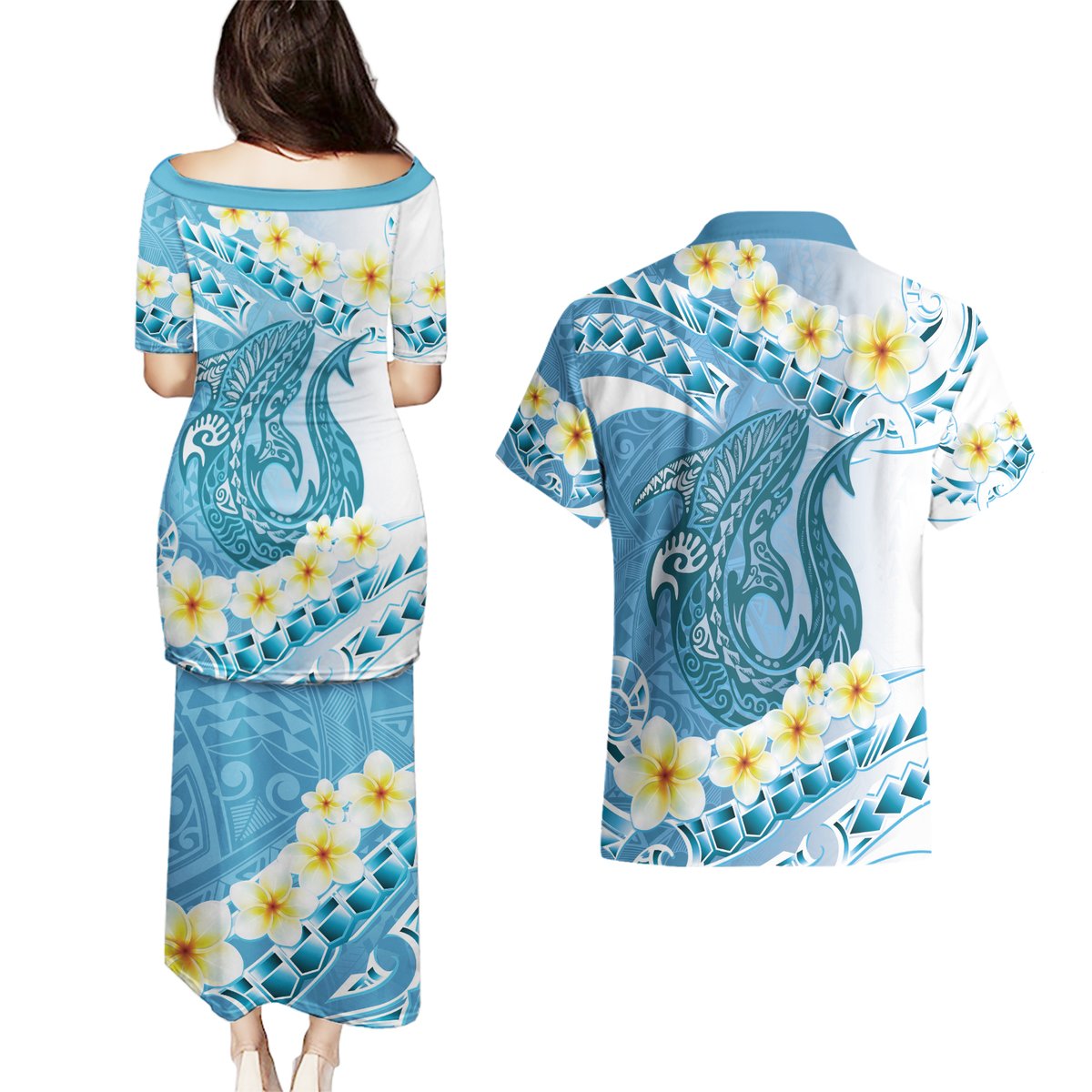 Blue Hawaii Shark Tattoo Couples Matching Puletasi and Hawaiian Shirt Frangipani With Polynesian Pastel Version LT14 - Polynesian Pride