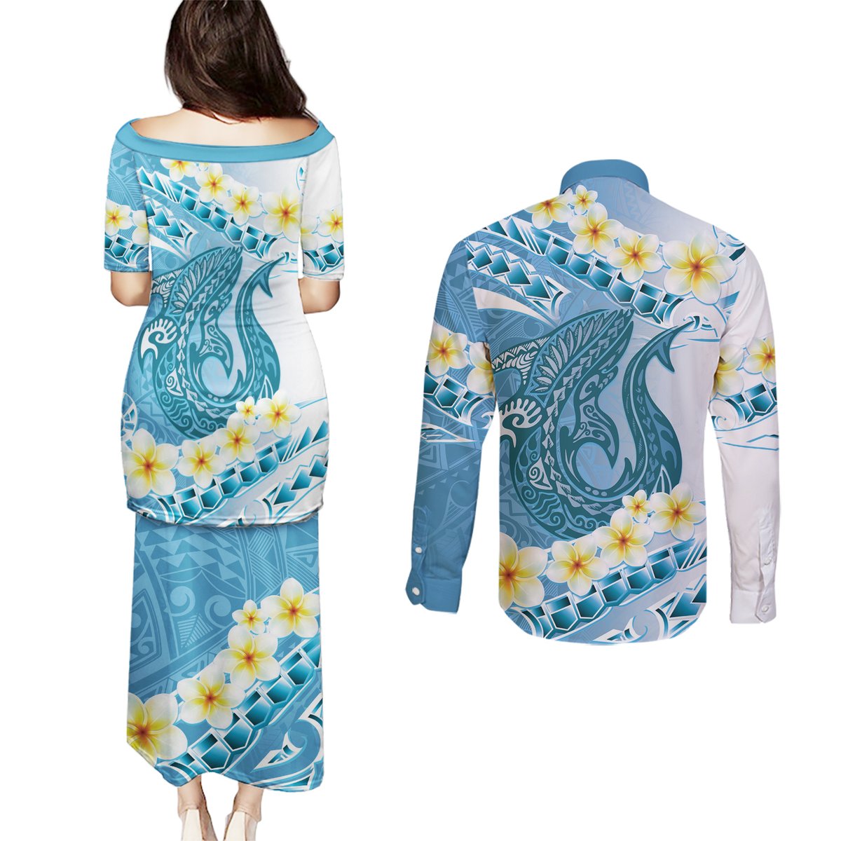 Blue Hawaii Shark Tattoo Couples Matching Puletasi and Long Sleeve Button Shirt Frangipani With Polynesian Pastel Version LT14 - Polynesian Pride