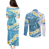Blue Hawaii Shark Tattoo Couples Matching Puletasi and Long Sleeve Button Shirt Frangipani With Polynesian Pastel Version LT14 - Polynesian Pride