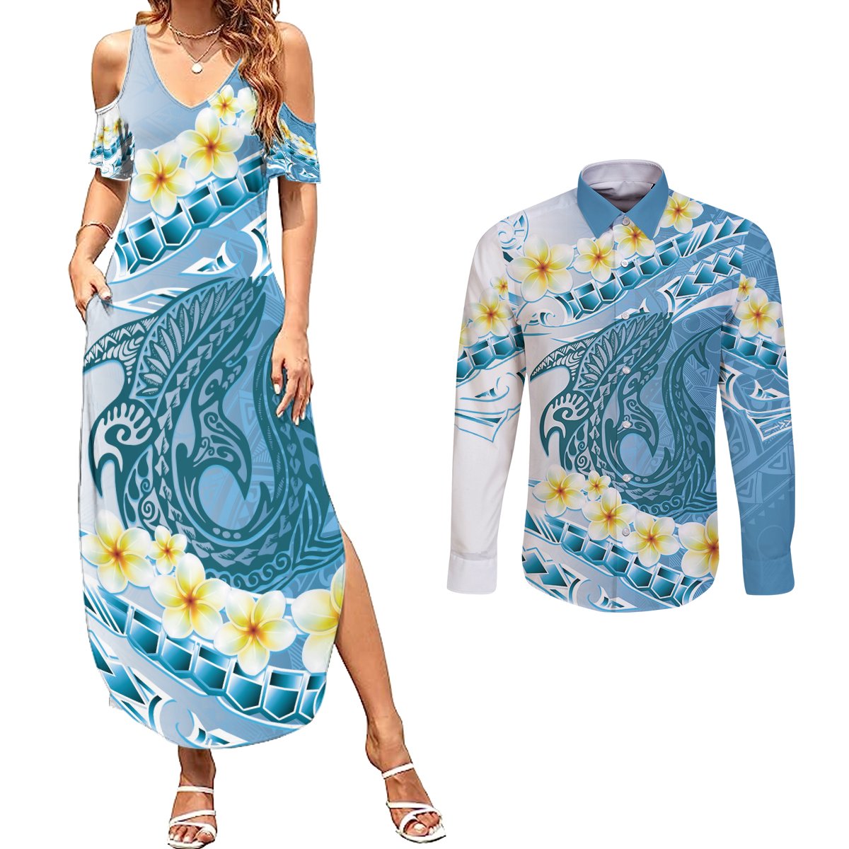 Blue Hawaii Shark Tattoo Couples Matching Summer Maxi Dress and Long Sleeve Button Shirt Frangipani With Polynesian Pastel Version LT14 Blue - Polynesian Pride