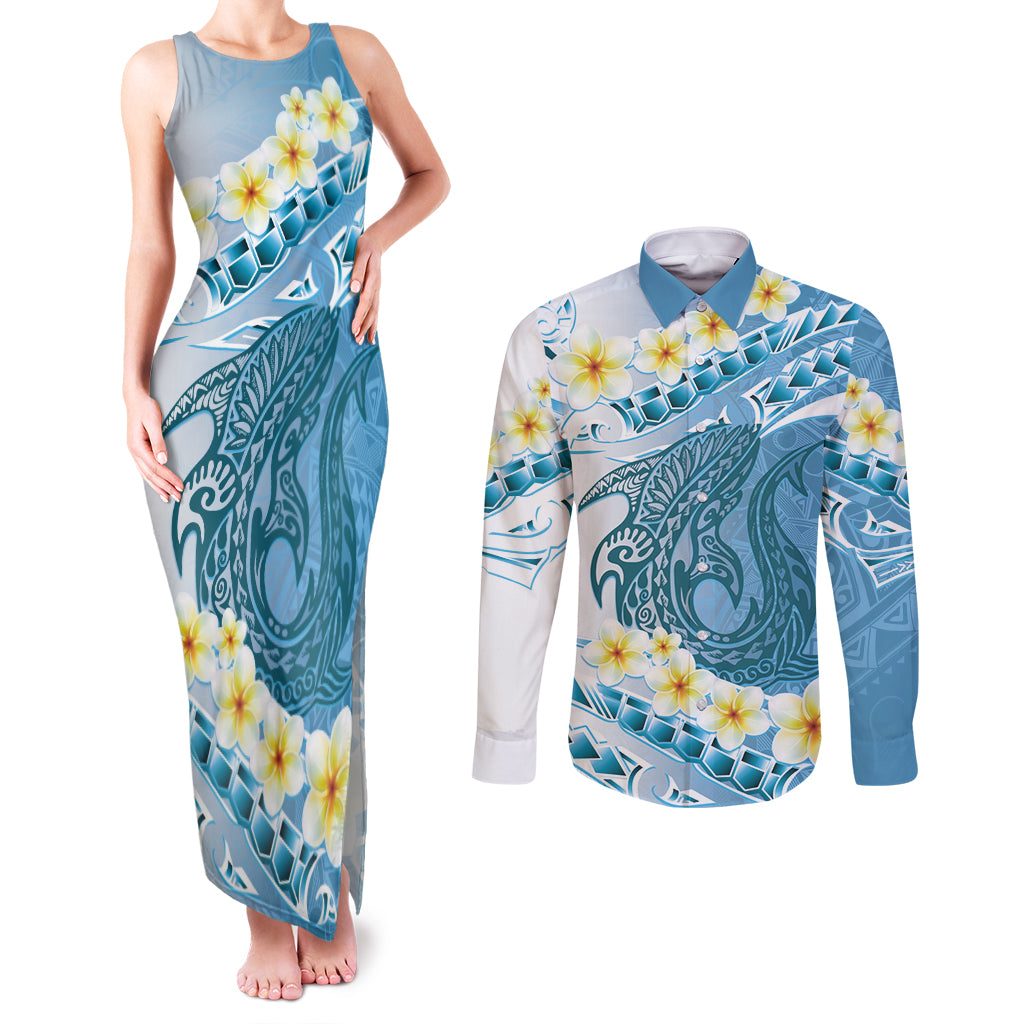 Blue Hawaii Shark Tattoo Couples Matching Tank Maxi Dress and Long Sleeve Button Shirt Frangipani With Polynesian Pastel Version LT14 Blue - Polynesian Pride