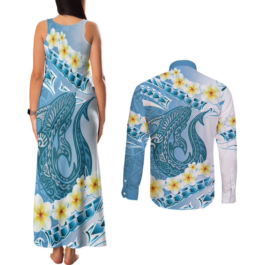 Blue Hawaii Shark Tattoo Couples Matching Tank Maxi Dress and Long Sleeve Button Shirt Frangipani With Polynesian Pastel Version LT14 - Polynesian Pride