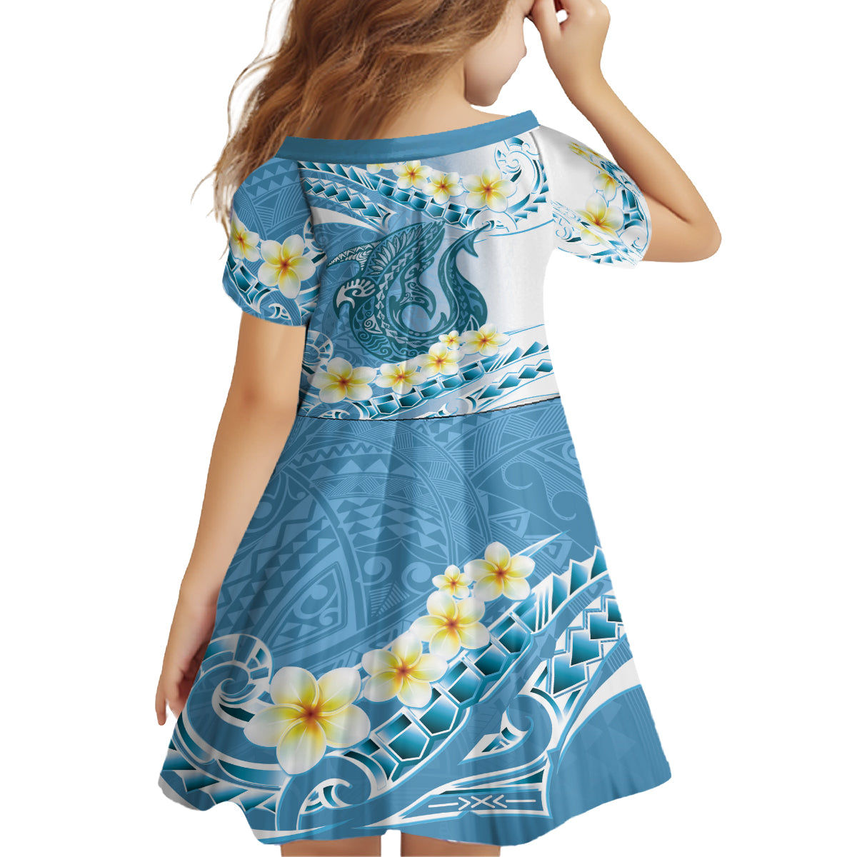 Blue Hawaii Shark Tattoo Family Matching Off The Shoulder Long Sleeve Dress and Hawaiian Shirt Frangipani With Polynesian Pastel Version