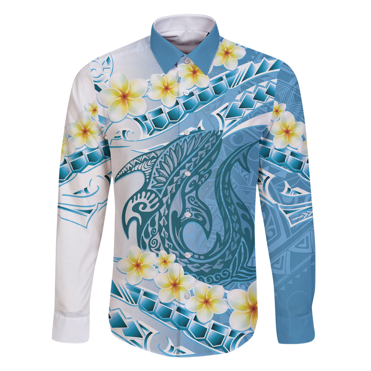 Blue Hawaii Shark Tattoo Family Matching Off Shoulder Maxi Dress and Hawaiian Shirt Frangipani With Polynesian Pastel Version