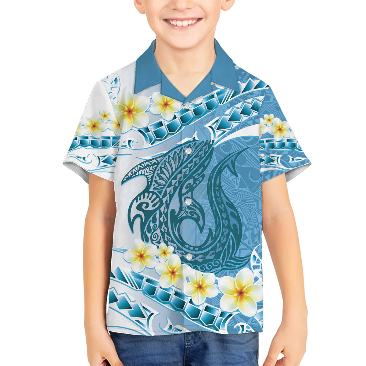 Blue Hawaii Shark Tattoo Family Matching Off Shoulder Maxi Dress and Hawaiian Shirt Frangipani With Polynesian Pastel Version
