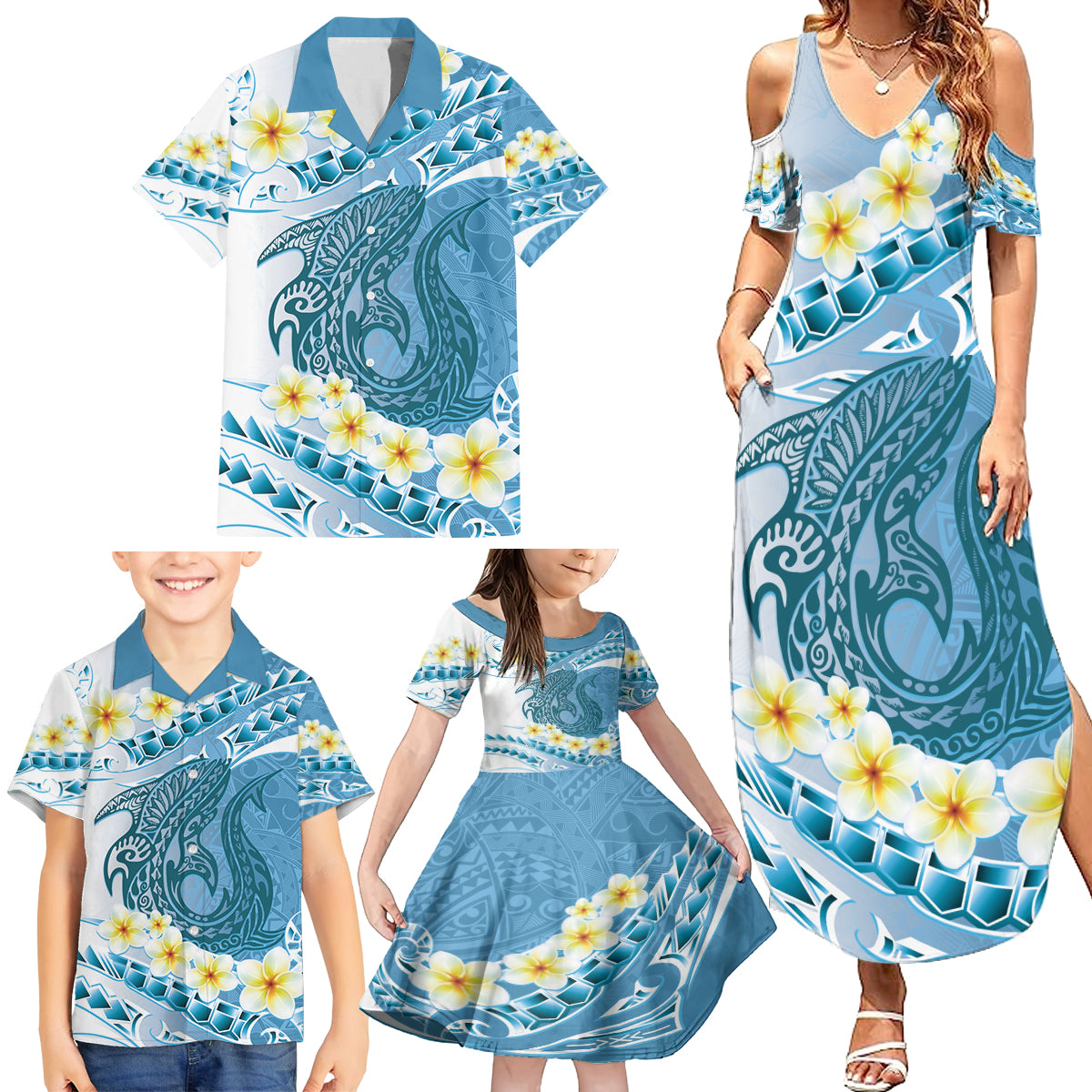 Blue Hawaii Shark Tattoo Family Matching Summer Maxi Dress and Hawaiian Shirt Frangipani With Polynesian Pastel Version LT14 - Polynesian Pride