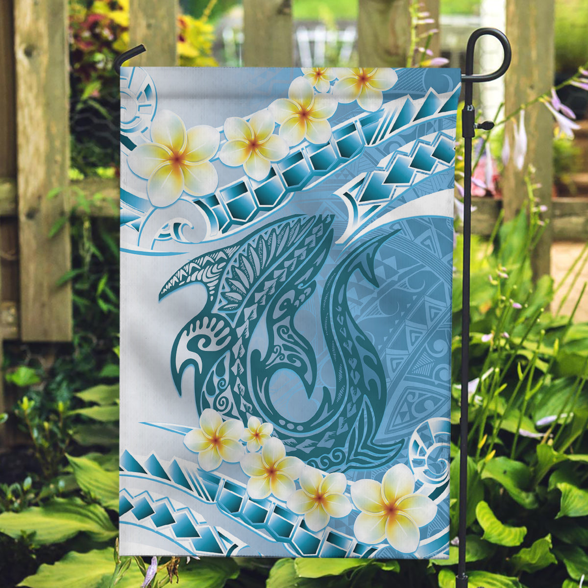 Blue Hawaii Shark Tattoo Garden Flag Frangipani With Polynesian Pastel Version LT14 Garden Flag Blue - Polynesian Pride