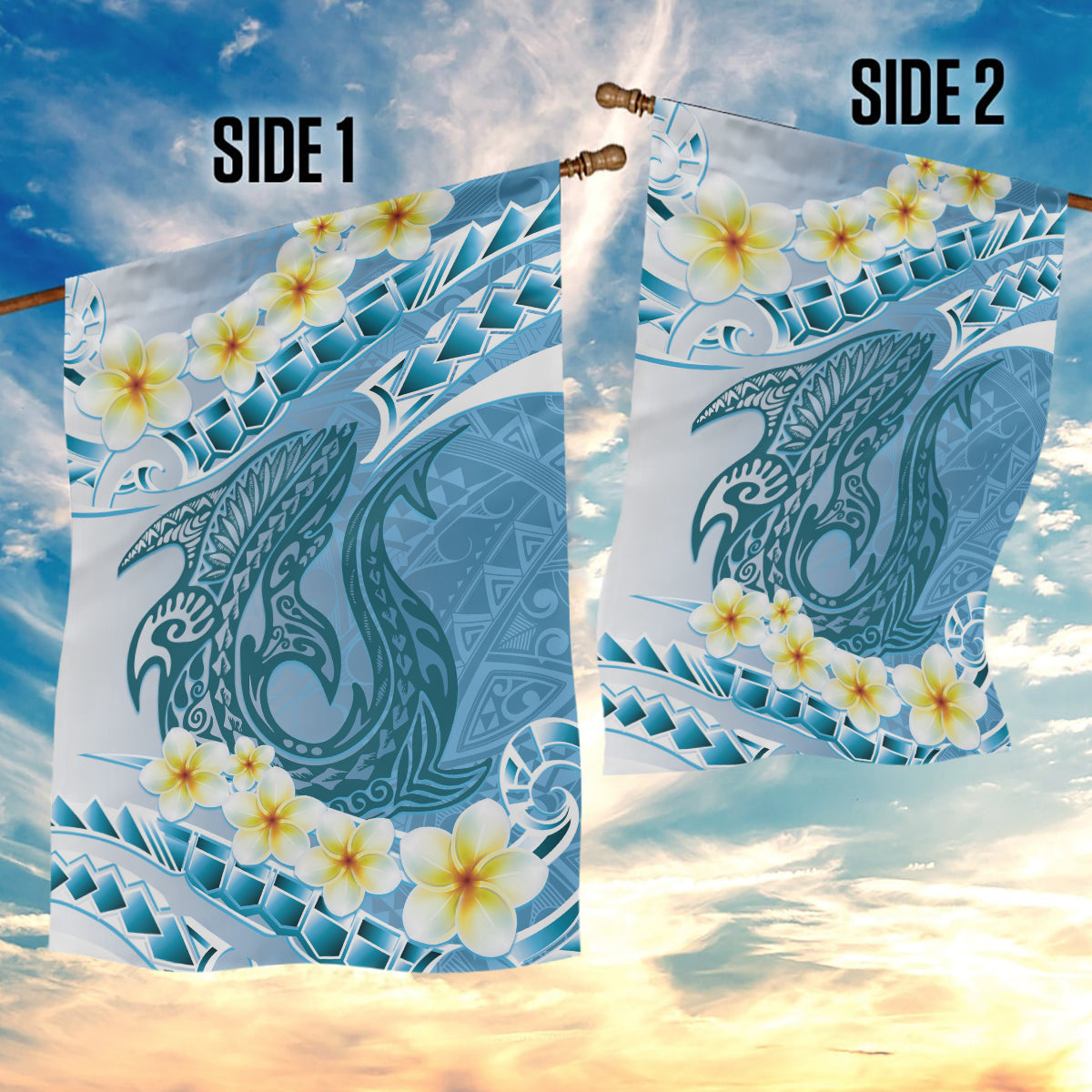 Blue Hawaii Shark Tattoo Garden Flag Frangipani With Polynesian Pastel Version LT14 - Polynesian Pride