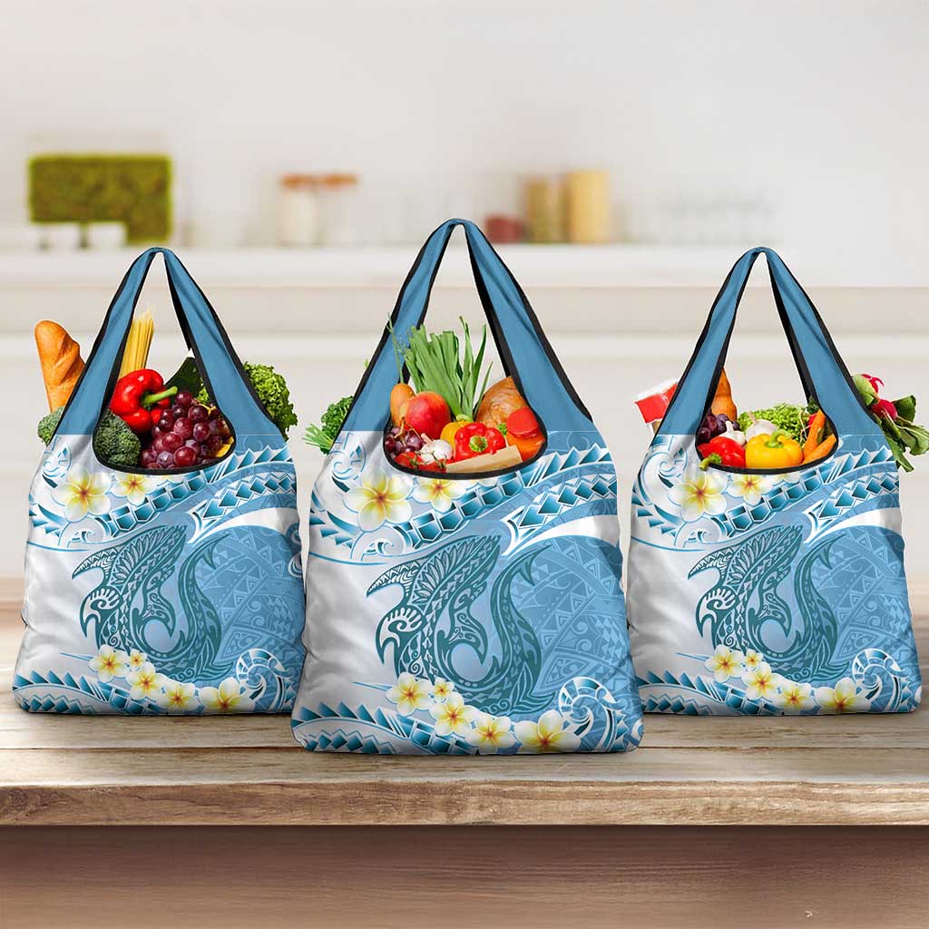 Blue Hawaii Shark Tattoo Grocery Bag Frangipani With Polynesian Pastel Version LT14 3-pack One Size Blue - Polynesian Pride