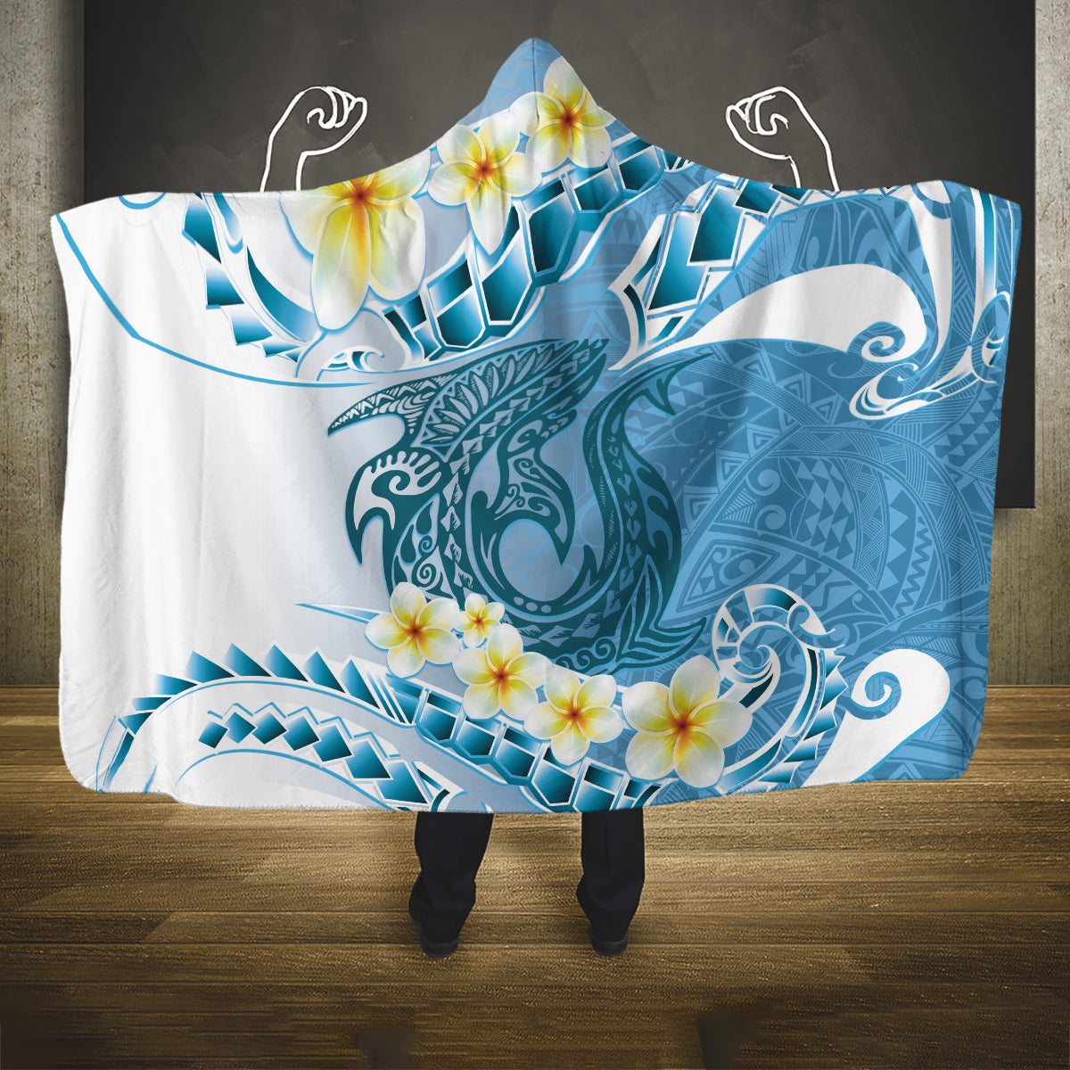 Blue Hawaii Shark Tattoo Hooded Blanket Frangipani With Polynesian Pastel Version LT14 One Size Blue - Polynesian Pride