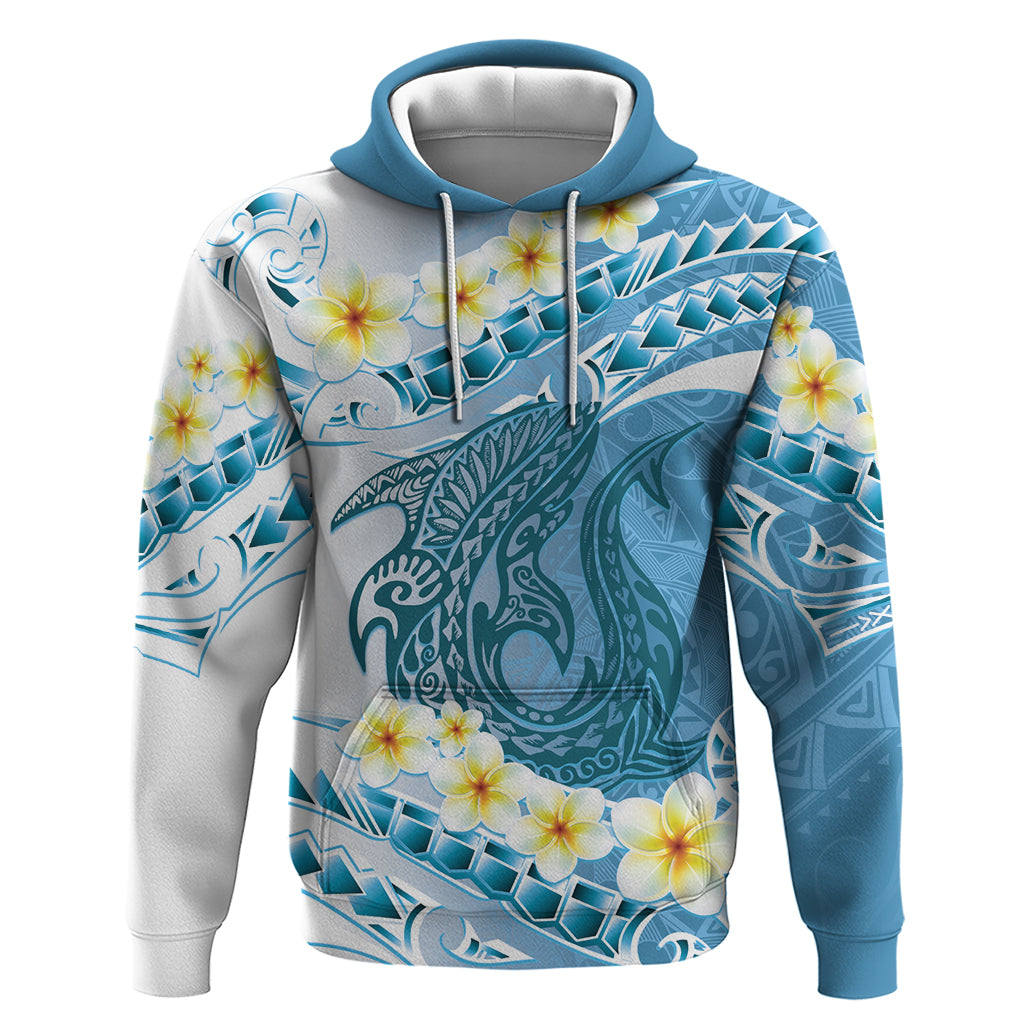 Blue Hawaii Shark Tattoo Hoodie Frangipani With Polynesian Pastel Version